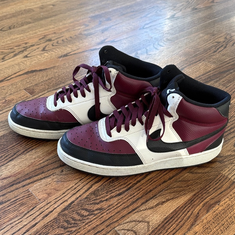 Nike Men’s Court Vision Mid Sneaker - Maroon, Black and White.